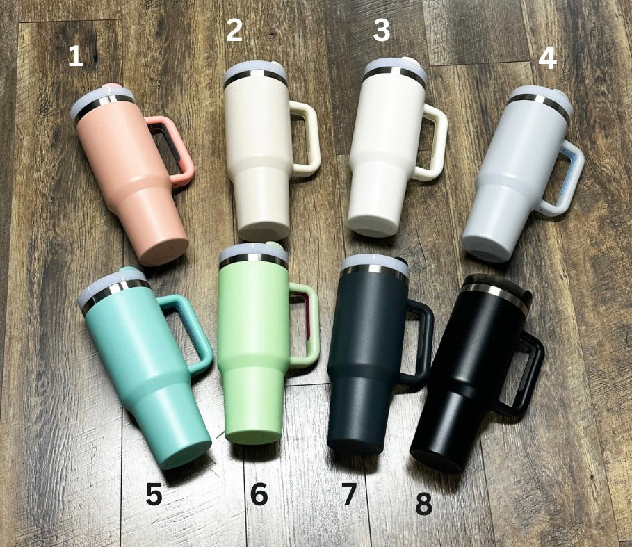 40oz Tumbler with Handle + Lid || Fits in Cup Holder!