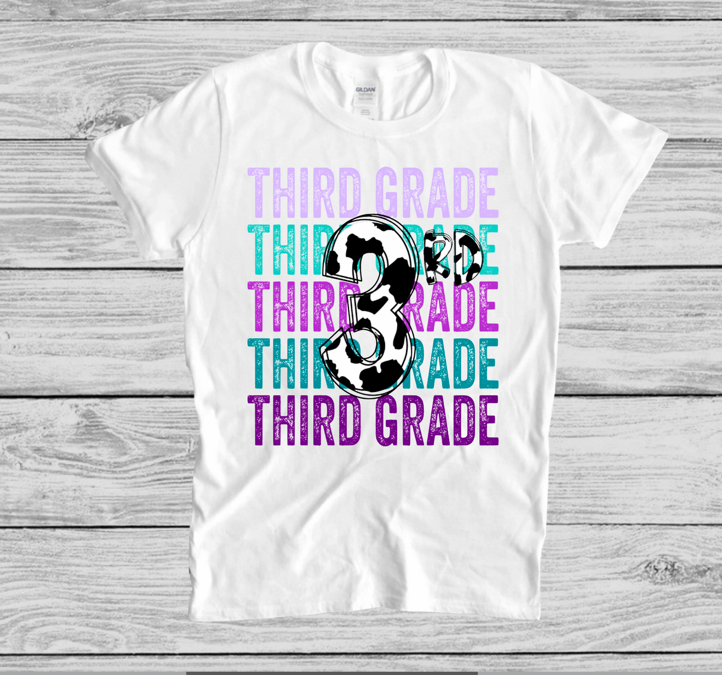 Purple & Cow Print Stacked Pre-K, Kindergarten, First Second Third Fourth Fifth Grade! || Printed Shirt
