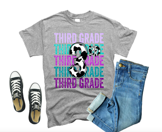 Purple & Cow Print Stacked Pre-K, Kindergarten, First Second Third Fourth Fifth Grade! || Printed Shirt