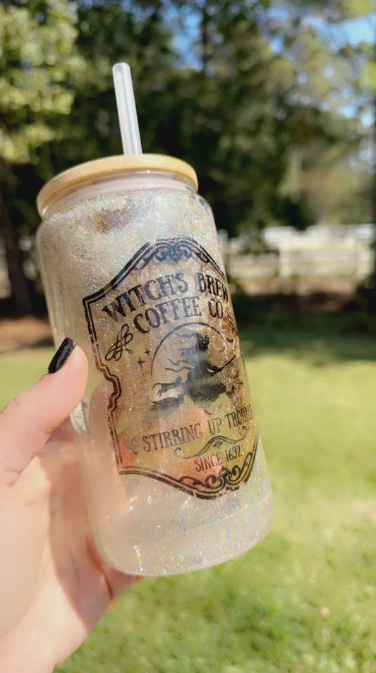 Witch’s Brew Coffee Co || Snow Globe Glitter Glass Tumbler with Bamboo Lid and Straw