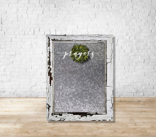 White Wooden Frame Corrugated Tin Farmhouse Magnolia Wreath Prayers List - Dry Erase Board
