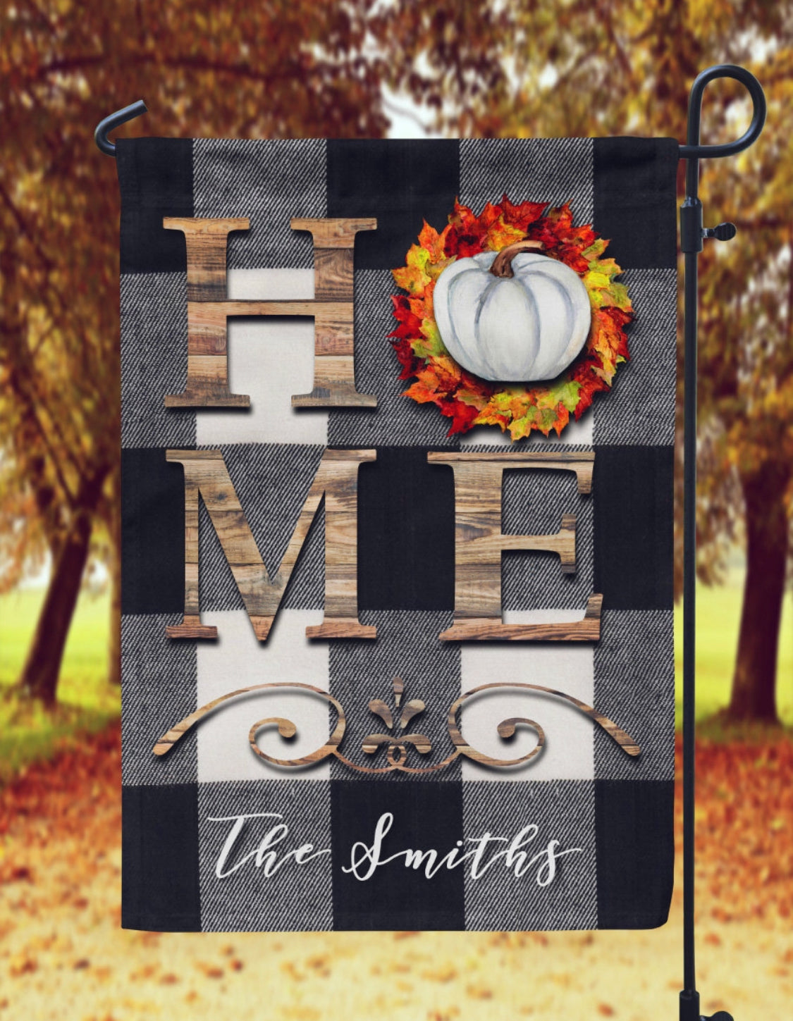 Buffalo Plaid with Pumpkin HOME Fall Garden Flag- Personalized