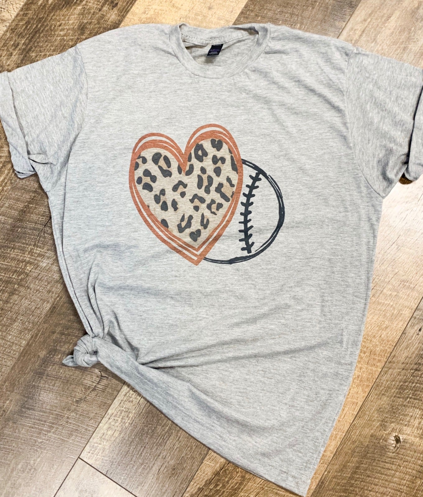 Leopard and Red Baseball Heart - Hand Drawn Permanent Print T-Shirt