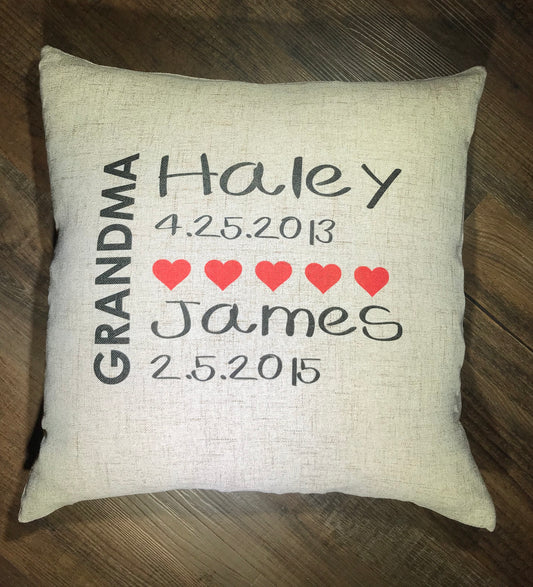 Grandma - Grandkids Faux Burlap Throw Pillow