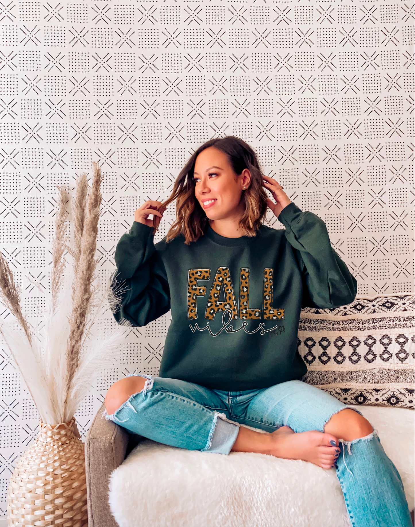 Fall Vibes || Leopard Printed Forest Green Crewneck Sweatshirt