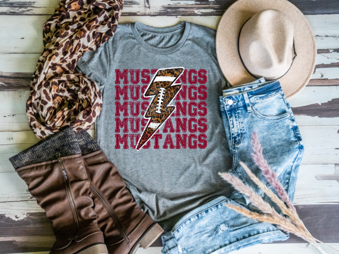Mustangs Football Spirit Shirt || Leopard Lightening Bolt Stacked T-Shirt