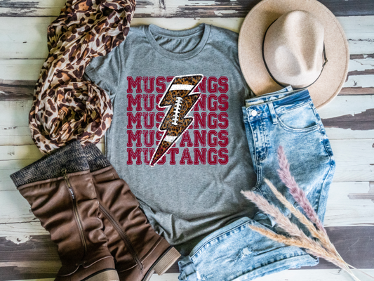 Mustangs Football Spirit Shirt || Leopard Lightening Bolt Stacked T-Shirt