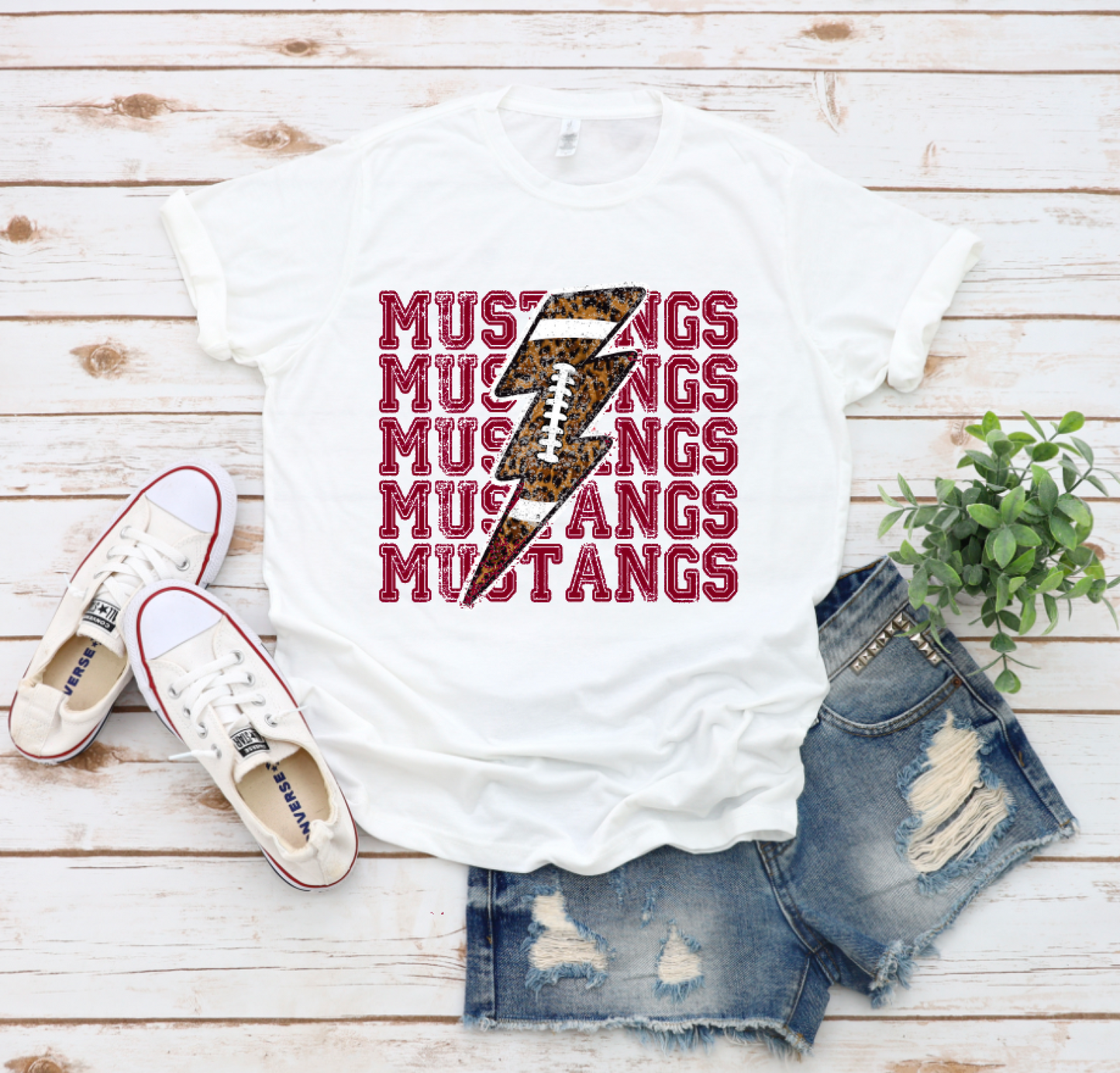 Mustangs Football Spirit Shirt || Leopard Lightening Bolt Stacked T-Shirt