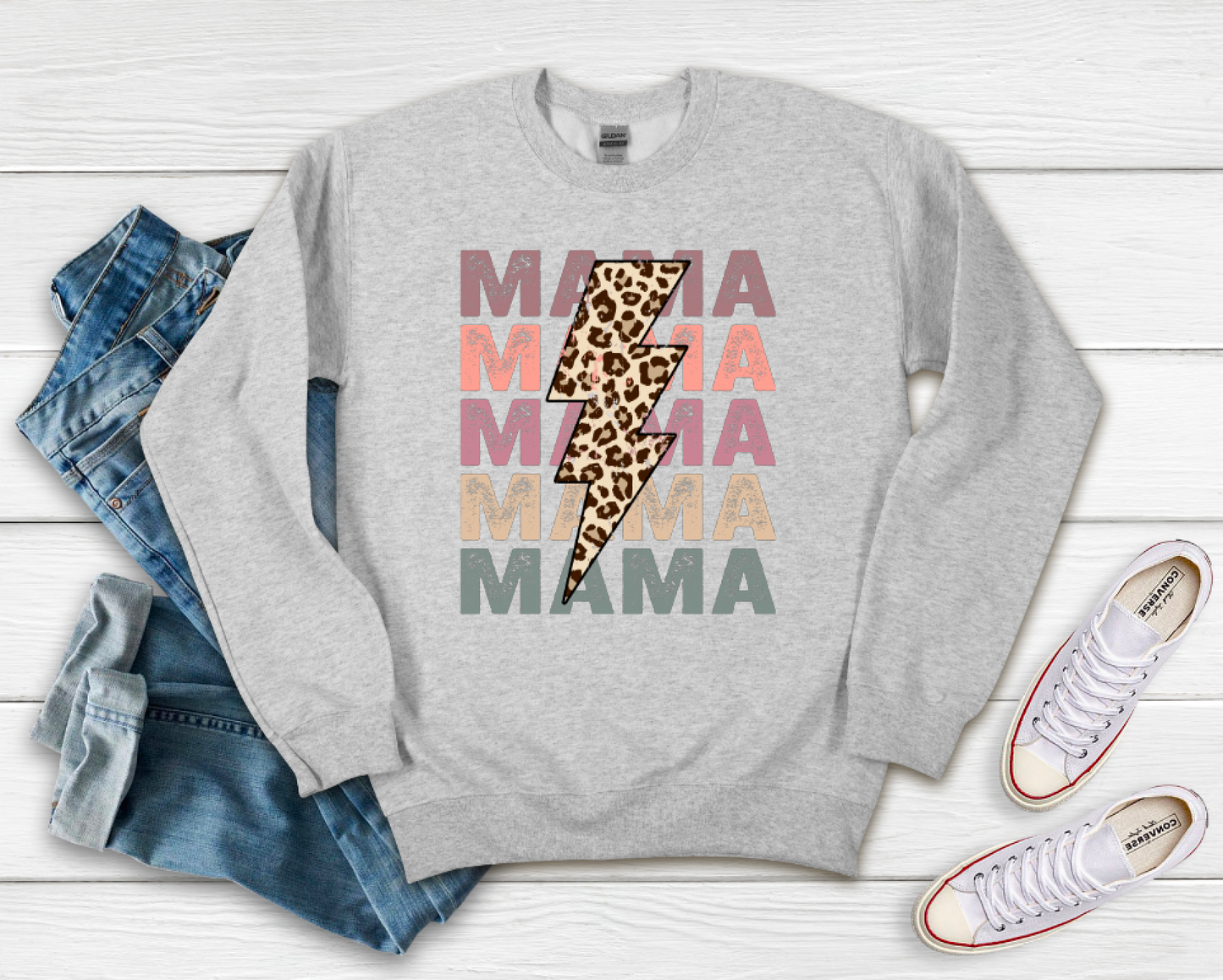 Mama Stacked Leopard Lightening Bolt || Printed T-Shirt or Sweatshirt