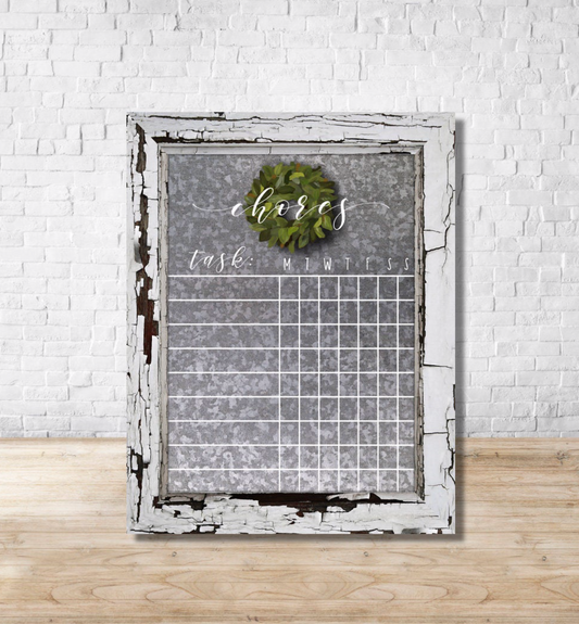 White Wooden Frame Corrugated Tin Farmhouse Magnolia Wreath Chore Chart Dry Erase Board