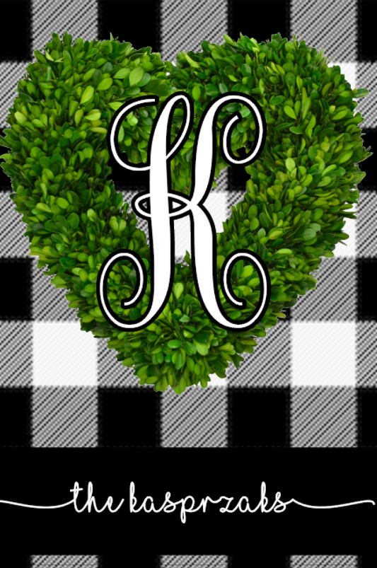 Black & White Plaid Boxwood Wreath - Valentine's Day Garden Flag, Personalized