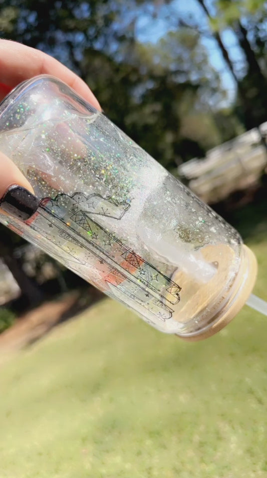 Christmas Monogram Cup || Snow Globe Glitter Glass Tumbler with Bamboo Lid and Straw
