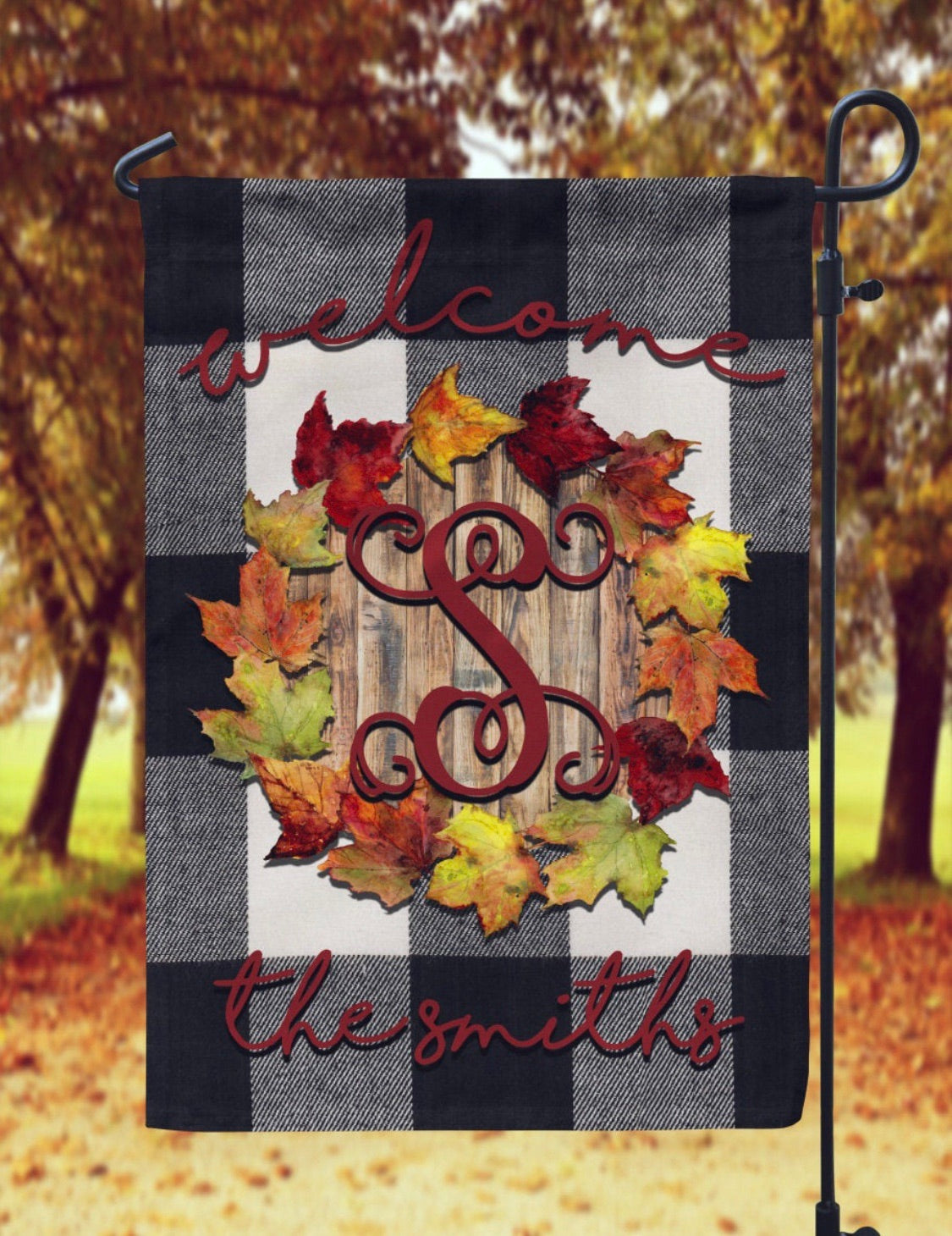 Fall Leaves and Plaid Garden Flag- Personalized