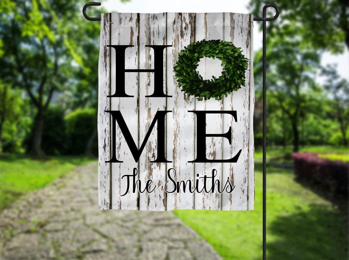 Home Wood Grain Wreath Garden Flag- Personalized