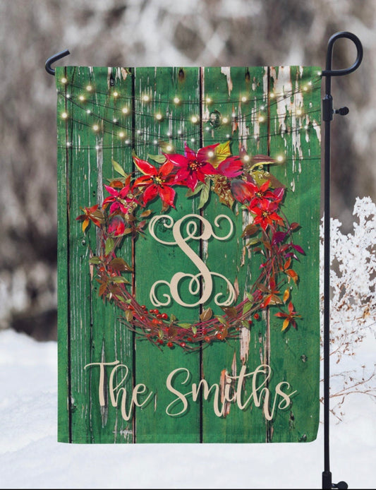 Poinsettia Wreath - Personalized Christmas Garden Flag