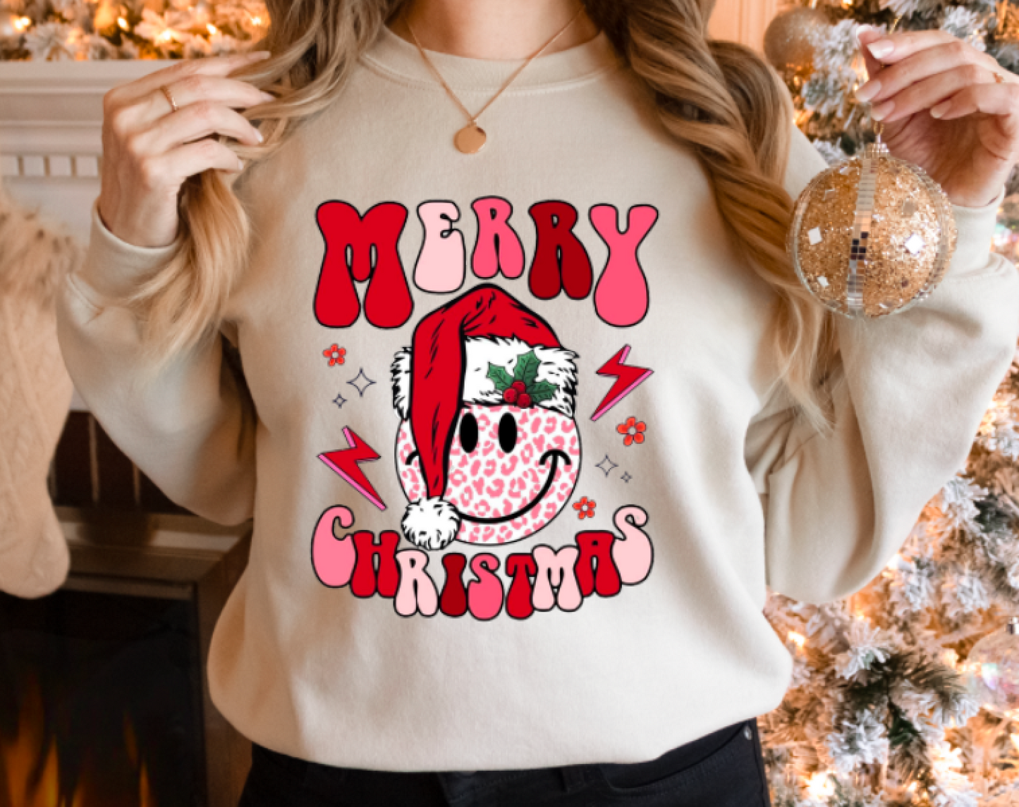 Merry Christmas Pink Leopard Smiley || Printed Sweatshirt