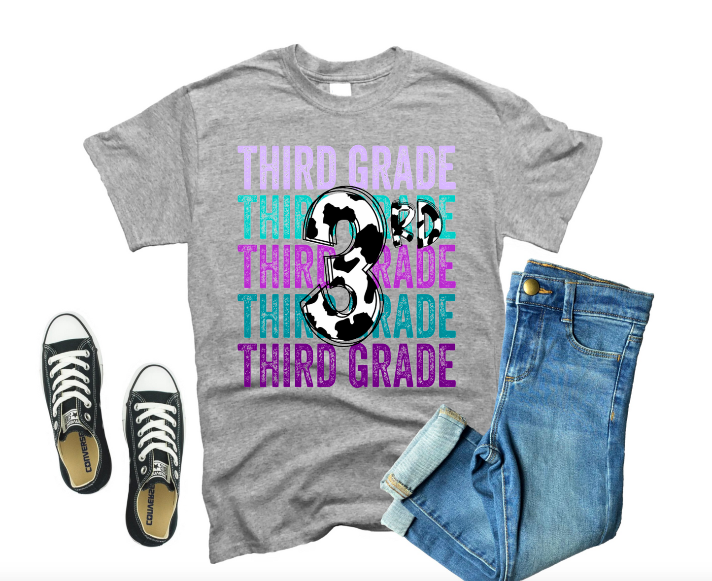Purple & Cow Print Stacked Pre-K, Kindergarten, First Second Third Fourth Fifth Grade! || Printed Shirt