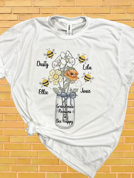 Grandma’s Reasons To Bee Happy || Floral Bouquet Bees Mom Mama Kids Names