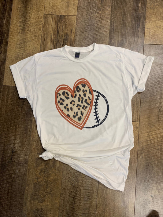 Leopard and Red Baseball Heart - Hand Drawn Permanent Print T-Shirt