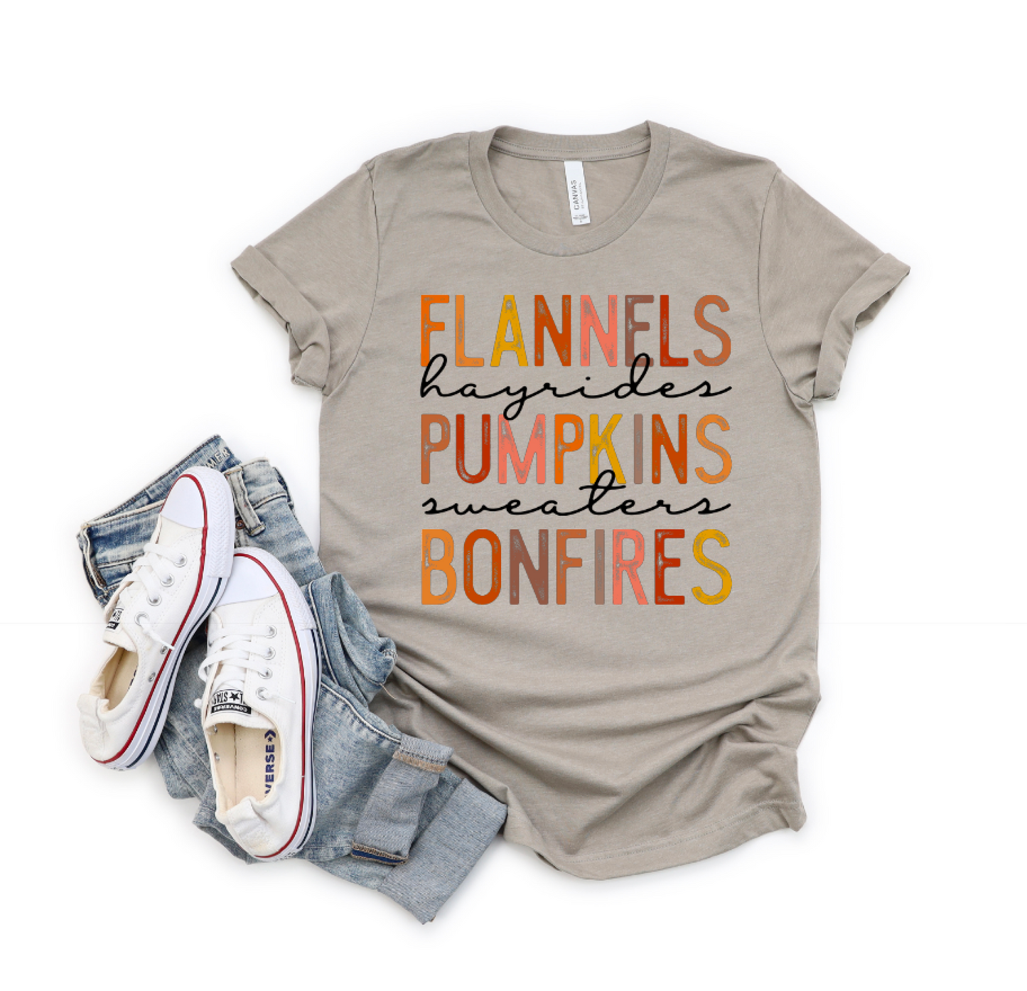 Flannels, Hayrides, Pumpkins, Sweaters, Bonfires Shirt || Fall Vibes T-Shirt