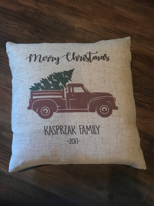 Red Truck Merry Christmas Faux Burlap Throw Pillow