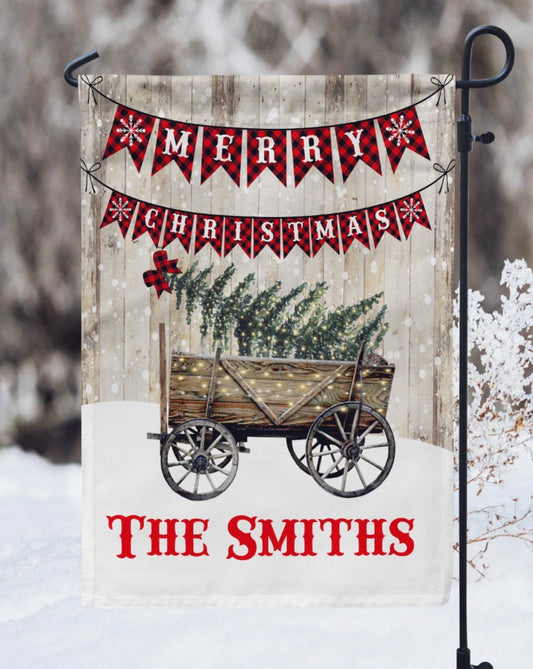 Merry Christmas Snowy Wagon Garden Flag- Personalized