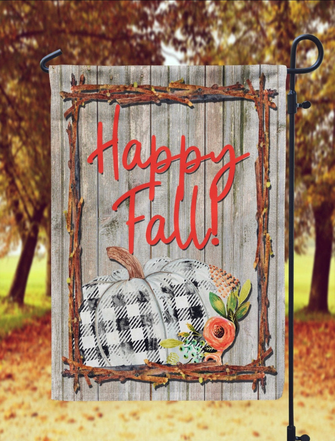Happy Fall Wood and Buffalo Plaid Garden Flag