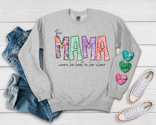 This Mama Wears Her Heart On Her Sleeve || Mama Valentine’s Candy Hearts Name Shirt or Sweatshirt