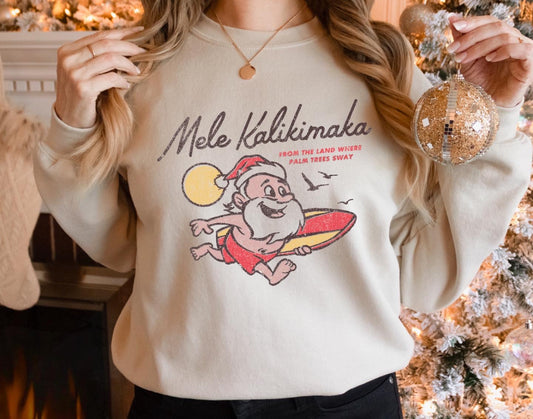 Mele Kalikimaka Surfing Santa || Merry Christmas Hawaiian T-Shirt or Sweatshirt